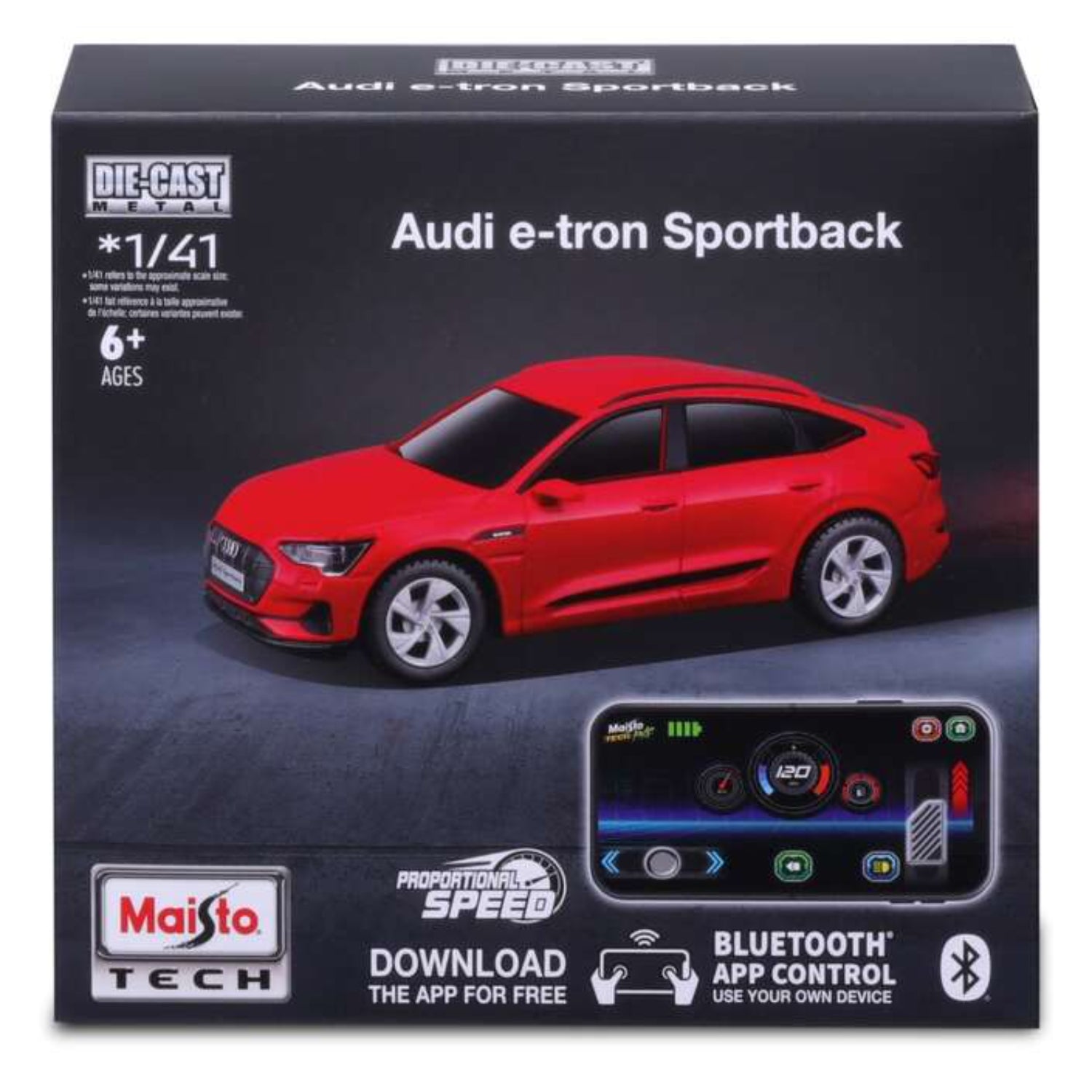 Carro Audi e-tron Sportback rojo, vista frontal, con control por Bluetooth