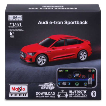 Carro Audi e-tron Sportback rojo, vista frontal, con control por Bluetooth