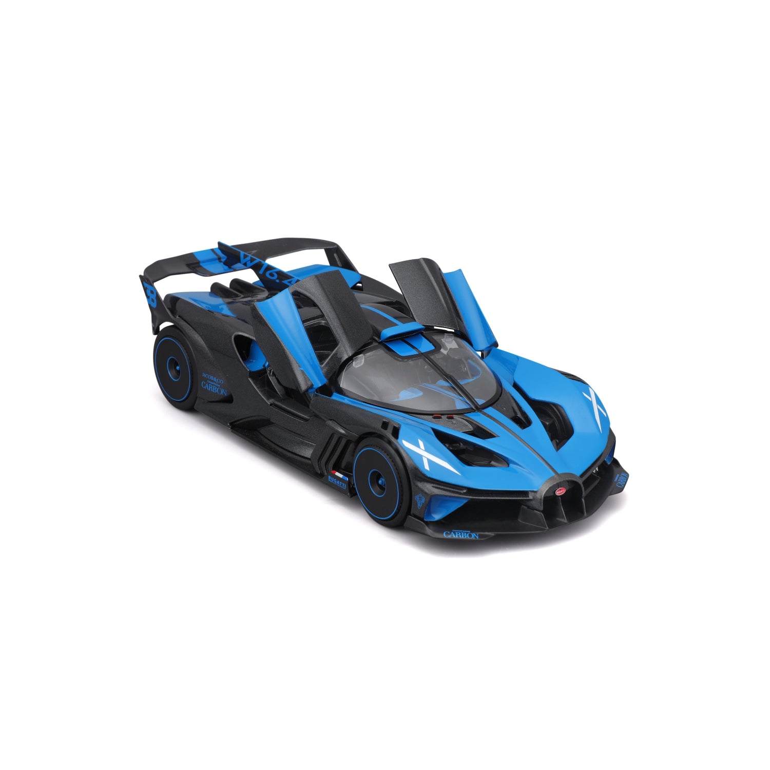 Carro Maisto deportivo azul, vista lateral con puertas abiertas