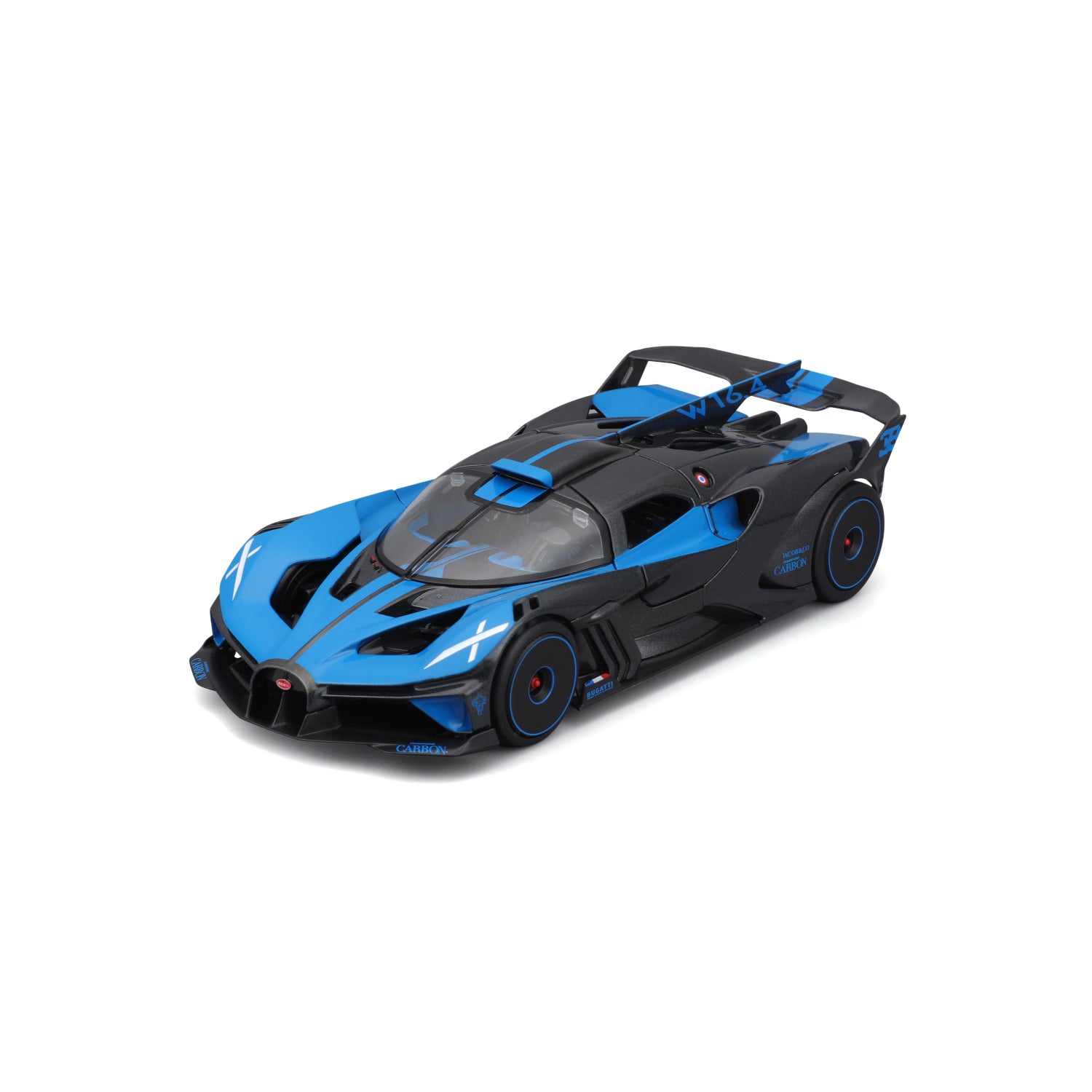 Carro Maisto negro y azul, vista lateral, modelo deportivo detallado