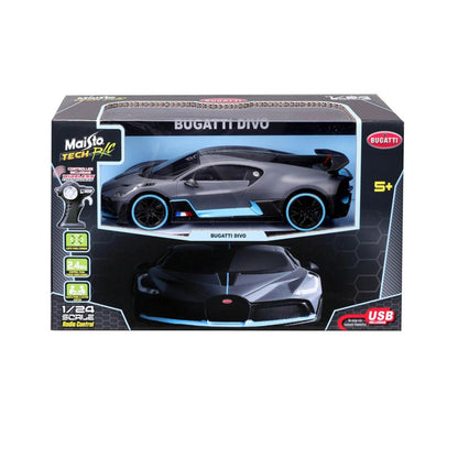 Carro Bugatti Divo modelo a control remoto, vista frontal, color negro y azul
