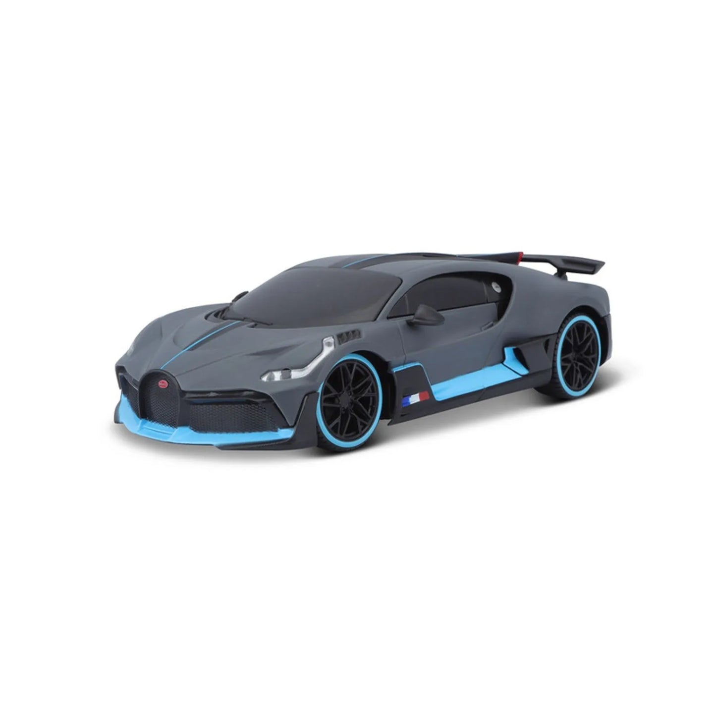 Carro Bugatti negro y azul, vista lateral, juguete detallado de Maisto