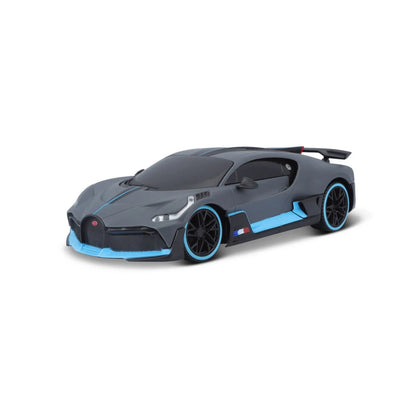Carro Bugatti negro y azul, vista lateral, juguete detallado de Maisto