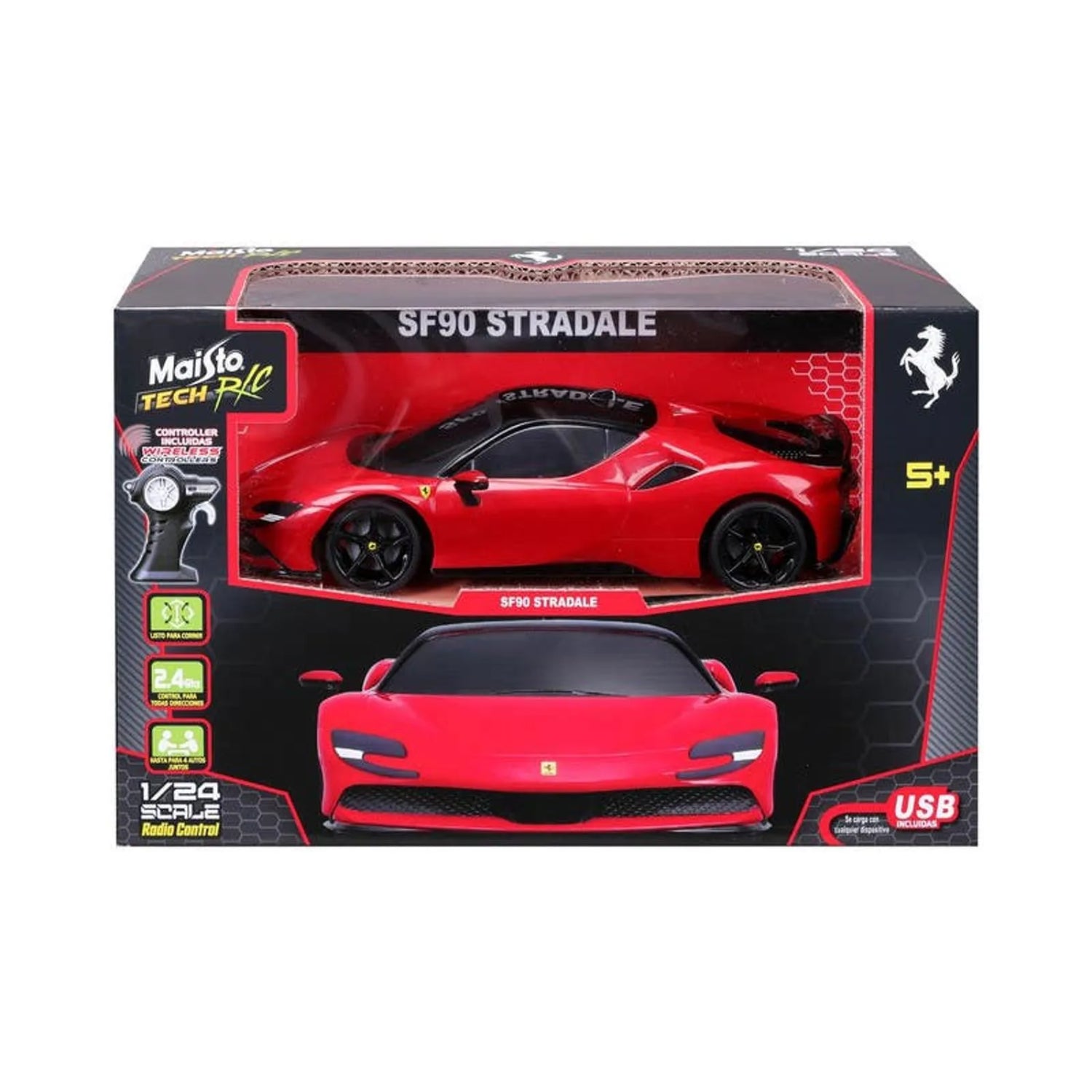 Carro Ferrari SF90 Stradale rojo en caja, modelo a control remoto