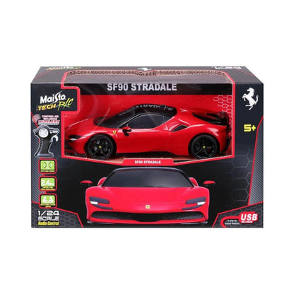 Carro Ferrari SF90 Stradale rojo en caja, modelo a control remoto