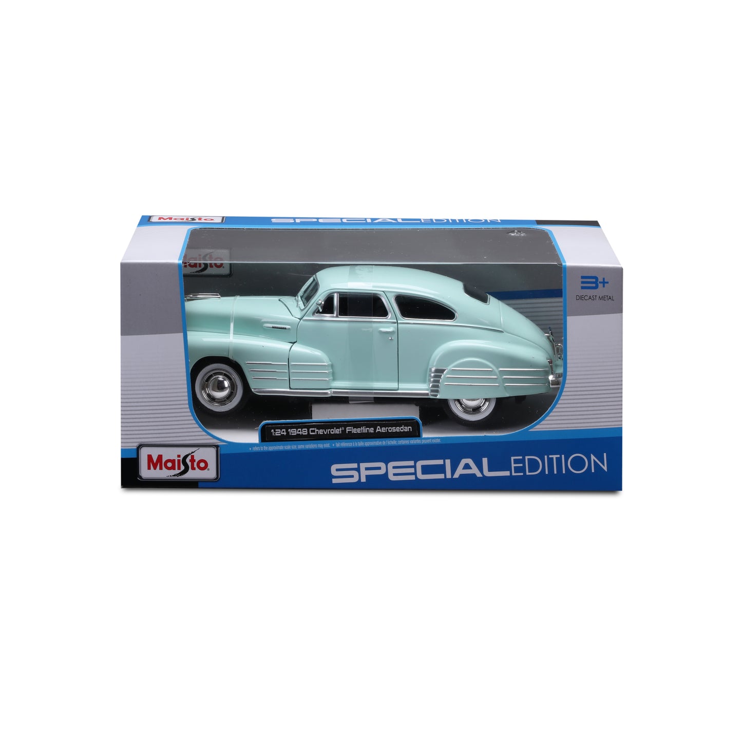 Carro Maisto 1946 Chevrolet Plástica Americana, vista frontal en caja, edición especial