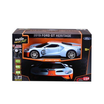 Carro Maisto 2019 Ford GT Heritage, modelo a escala 1:20, vista frontal en caja