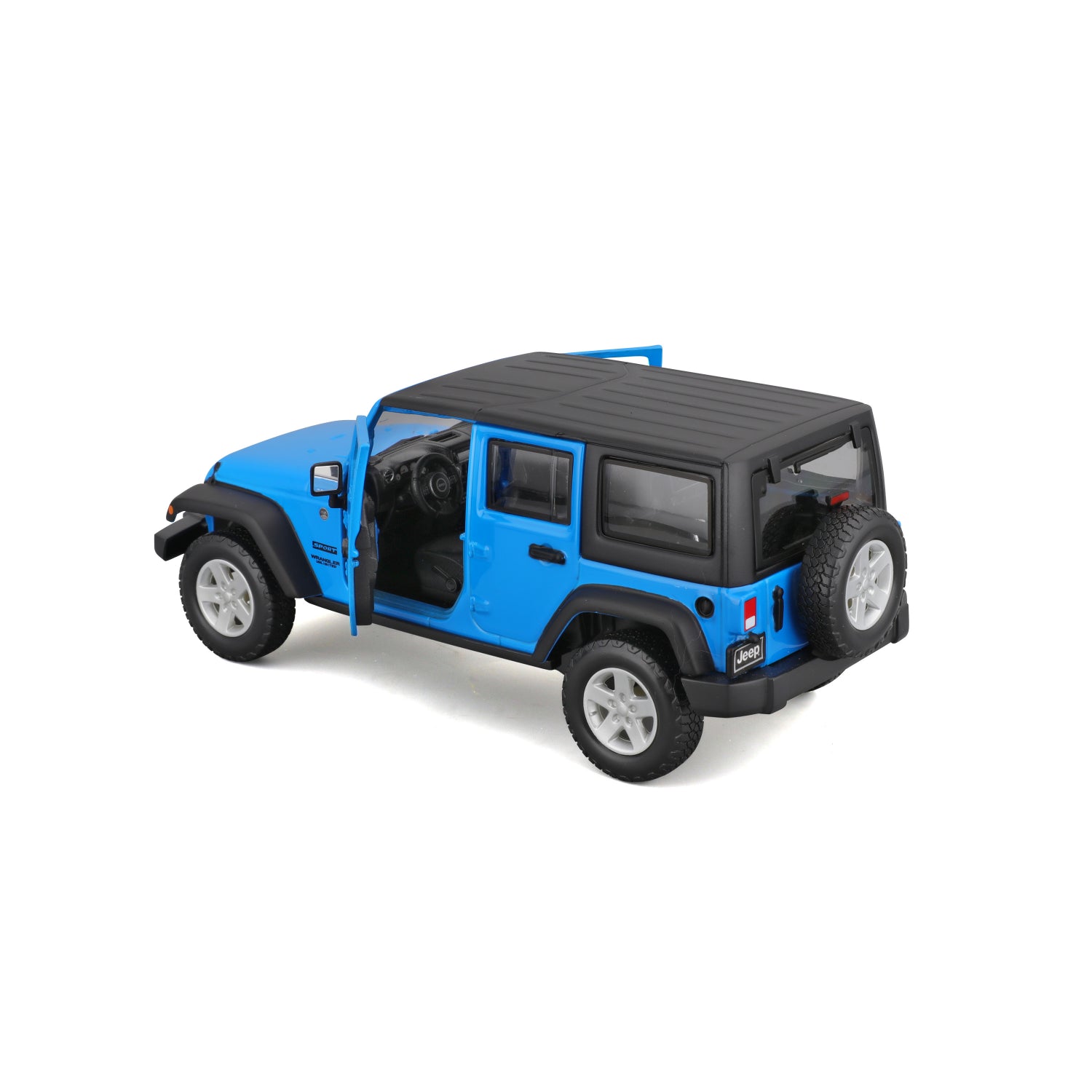 Carro Maisto azul modelo Jeep, vista trasera, detalles realistas y puertas abiertas