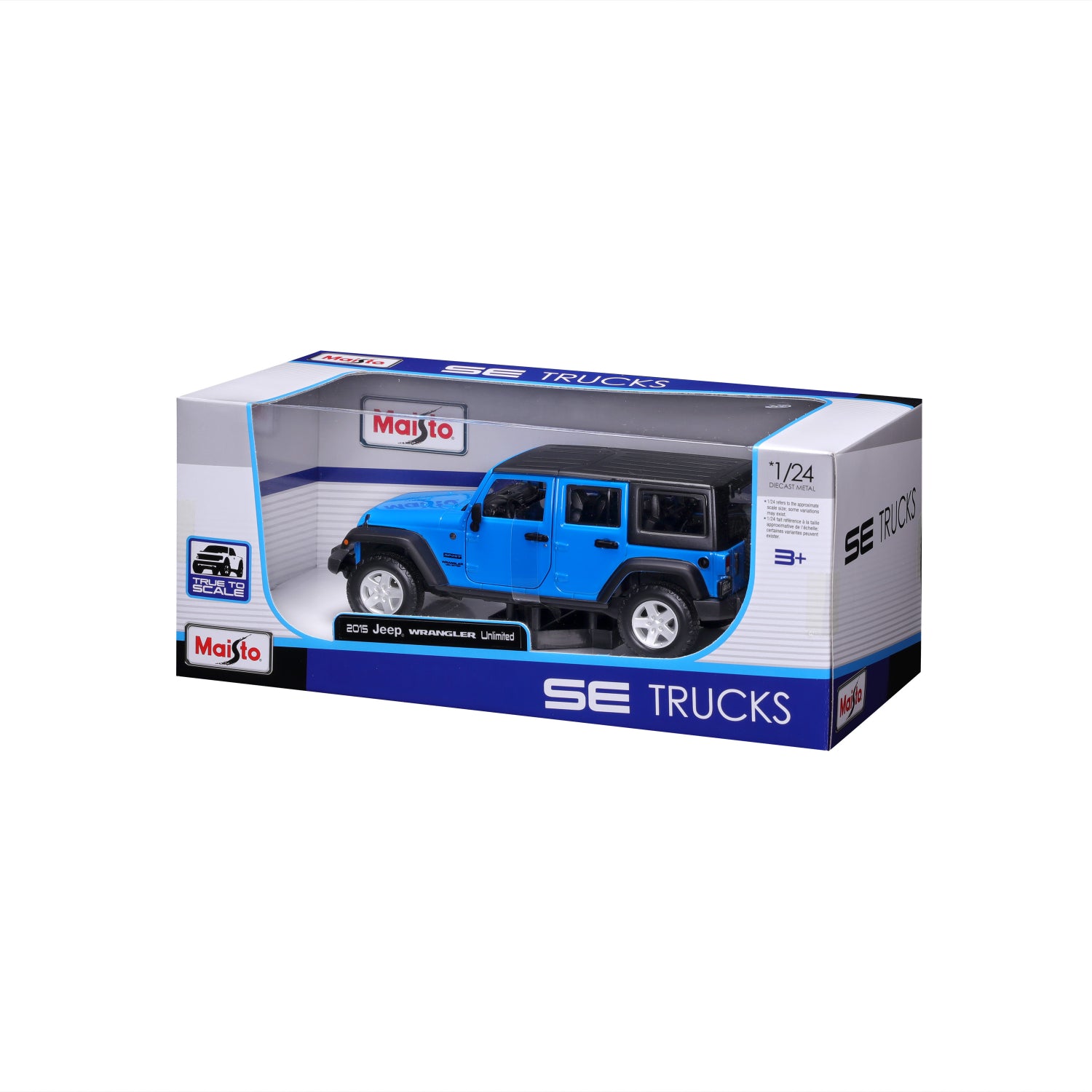 Carro azul Maisto modelo 2015 Jeep Wrangler en caja