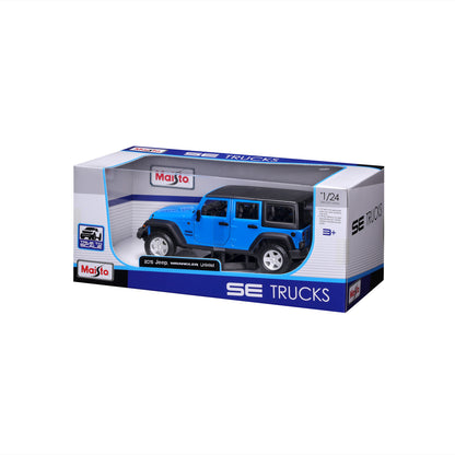 Carro azul Maisto modelo 2015 Jeep Wrangler en caja
