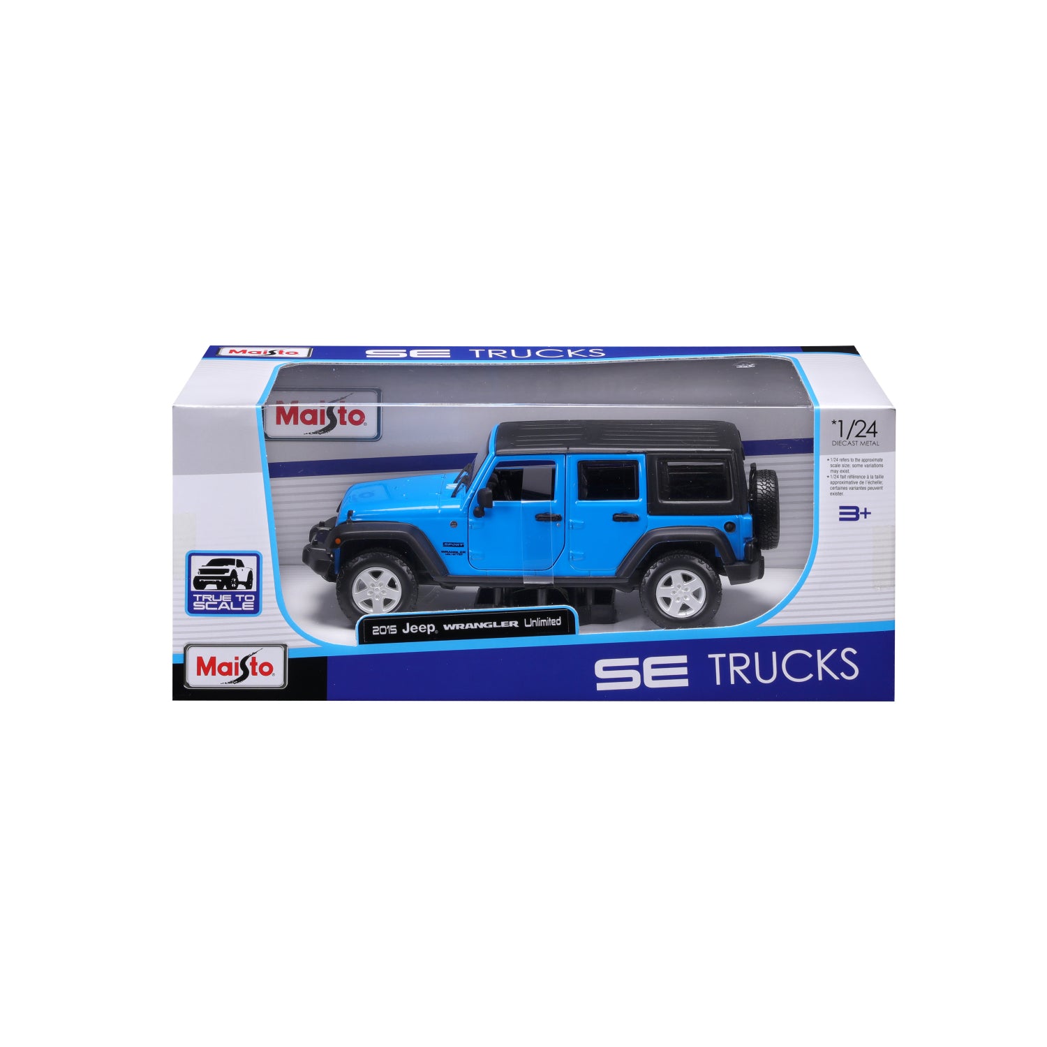 Carro azul modelo Jeep 2015, vista frontal en caja, ideal para coleccionistas