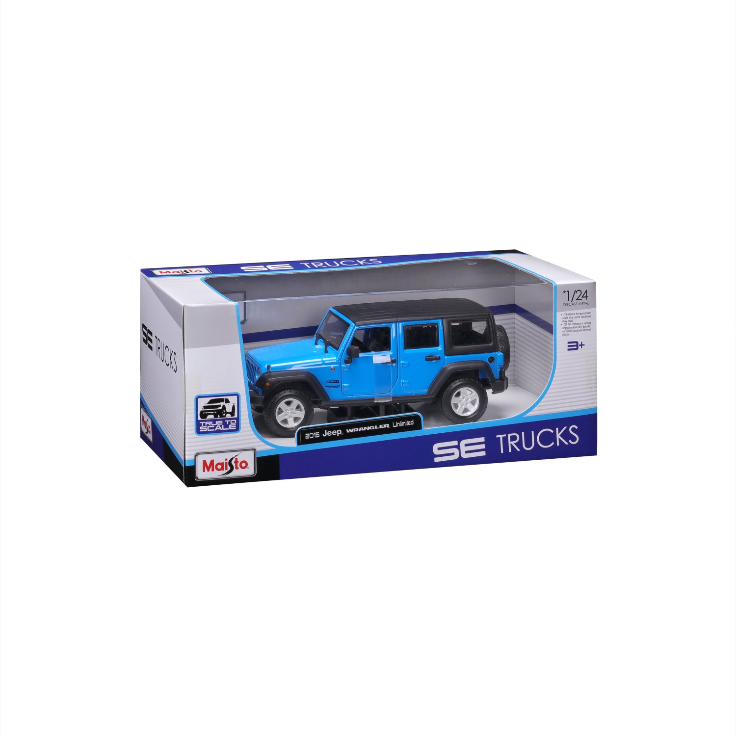Carro Maisto azul modelo de SUV, vista frontal en caja