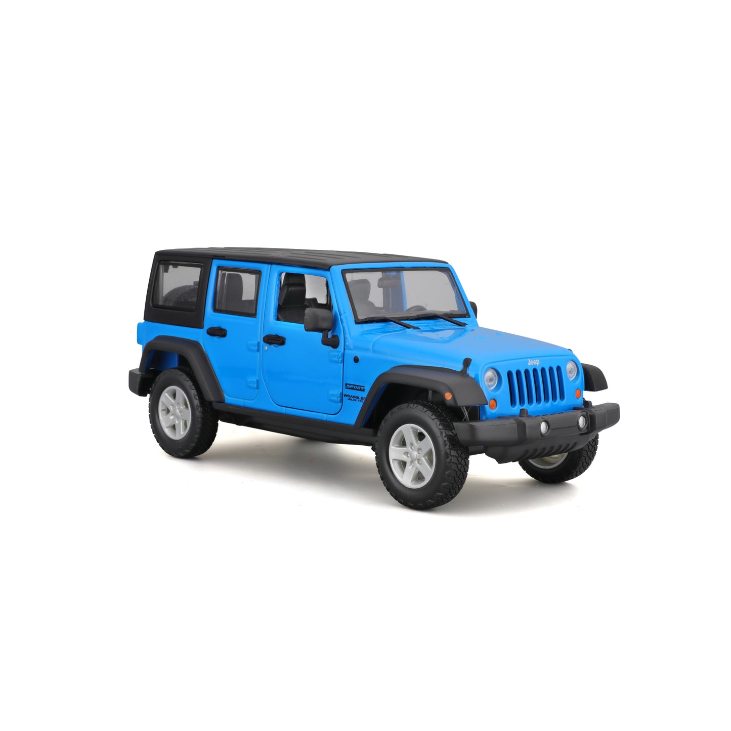 Carro azul MAISTO visto de lado, modelo Jeep Wrangler para coleccionistas