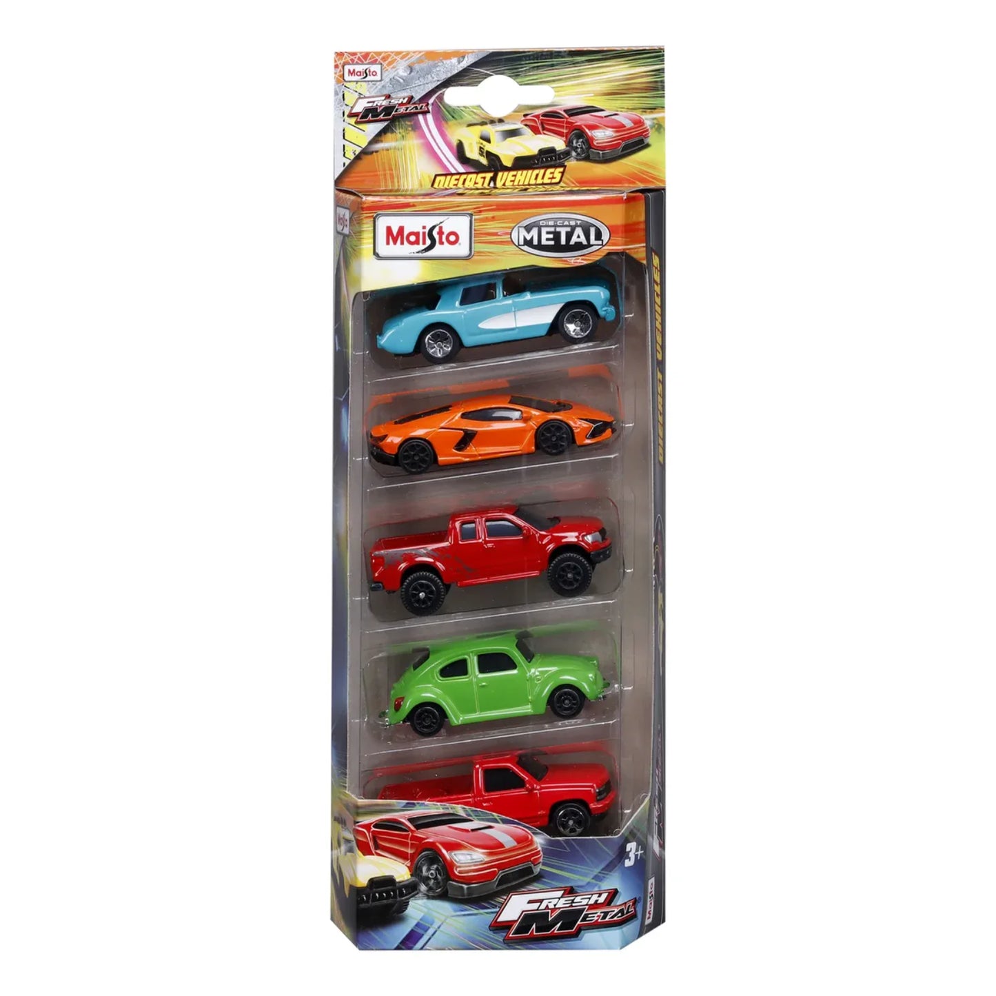 Carros de metal Maisto en colores variados, vista frontal del empaque