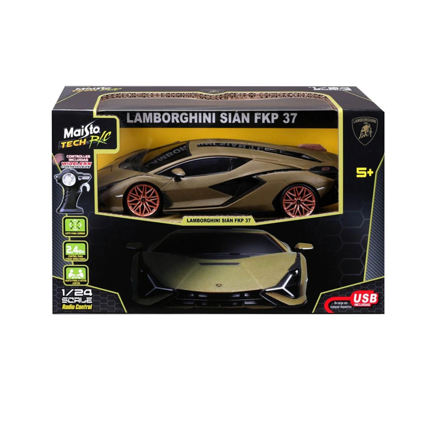 Carro Lamborghini Sian FKP 37, control remoto, color dorado, vista frontal