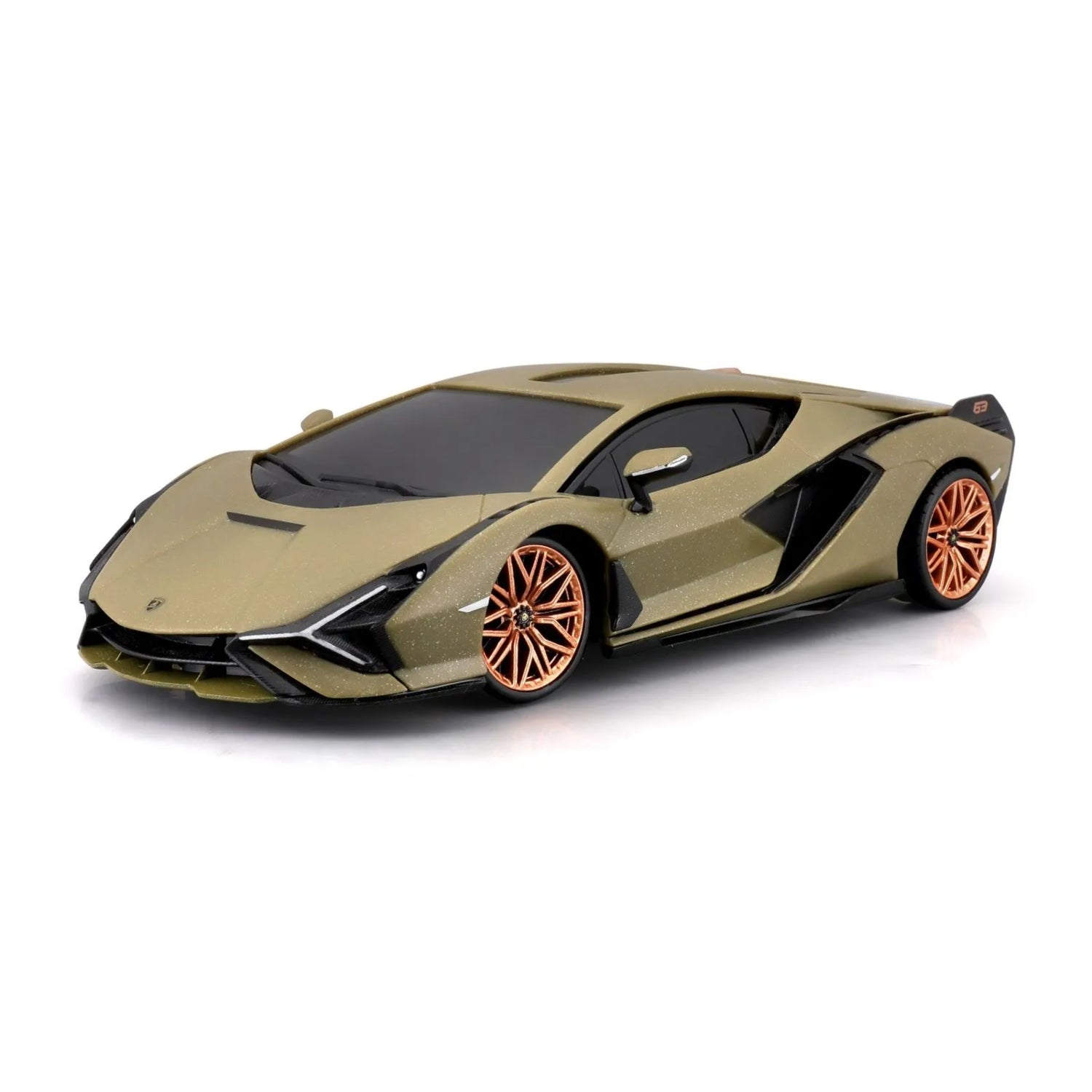 Carro Lamborghini verde oro lateral, modelo a escala detallado de Maisto