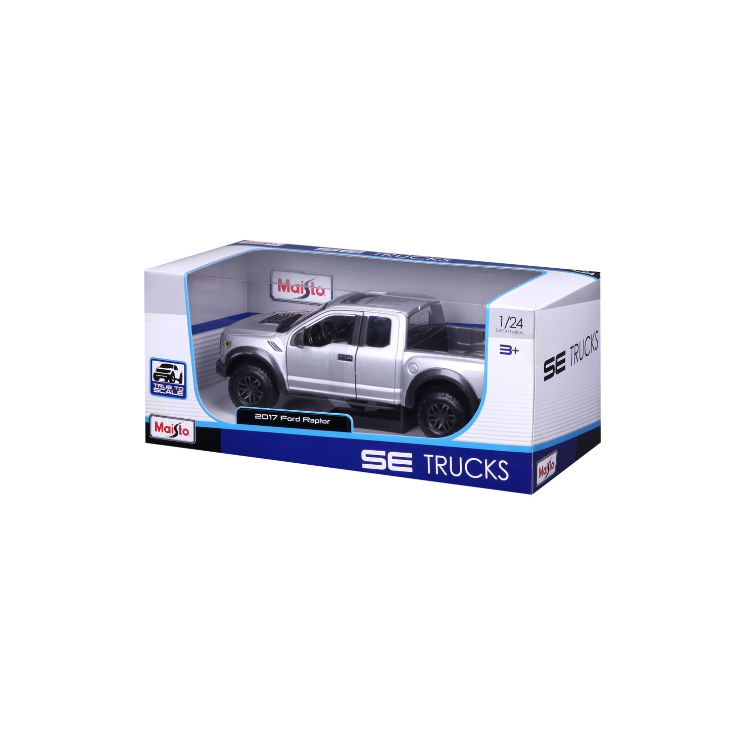 Carro Maisto Ford Raptor plateado, vista lateral en su caja, modelo a escala 1/24