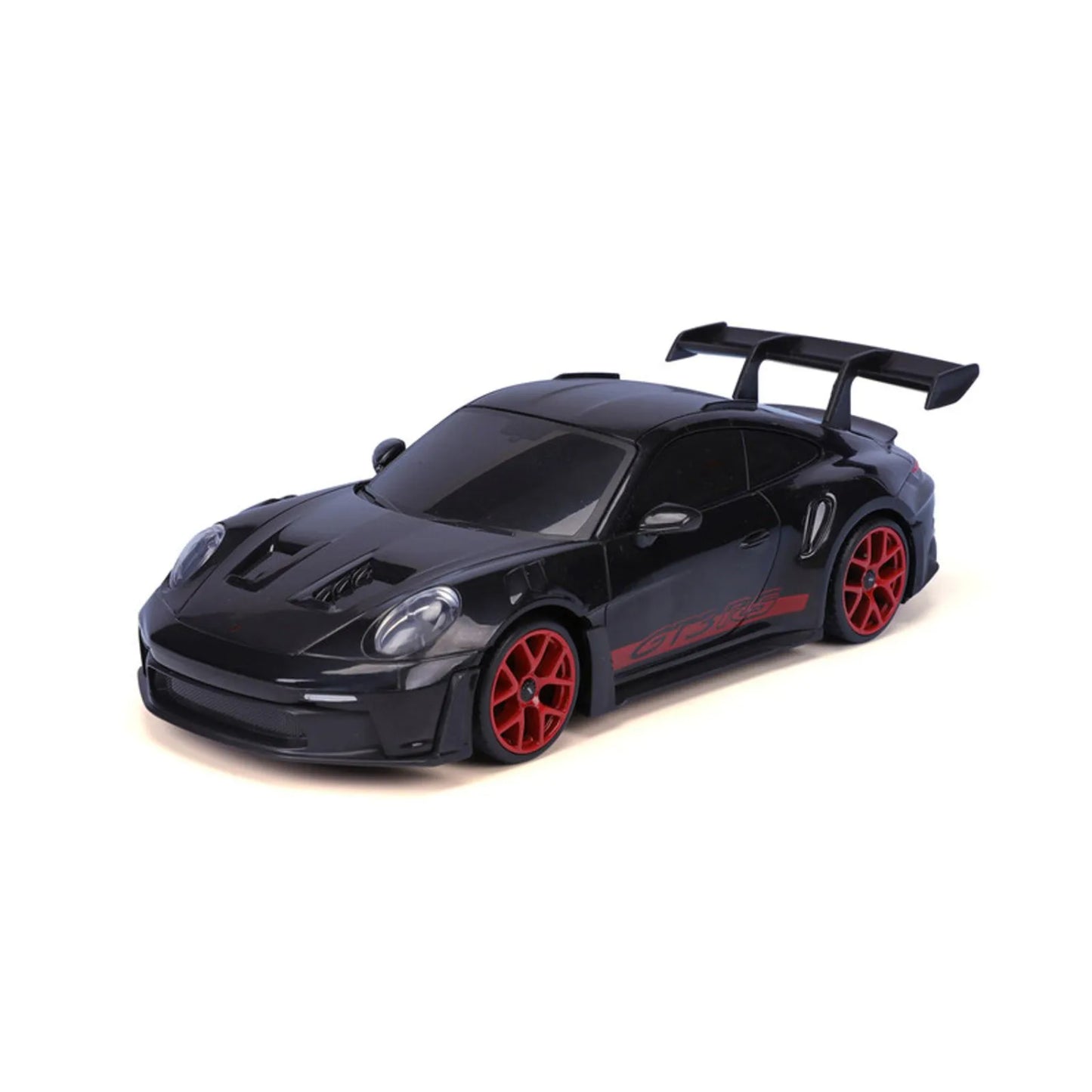 Carro Porsche negro con llantas rojas, vista frontal, modelo detallado