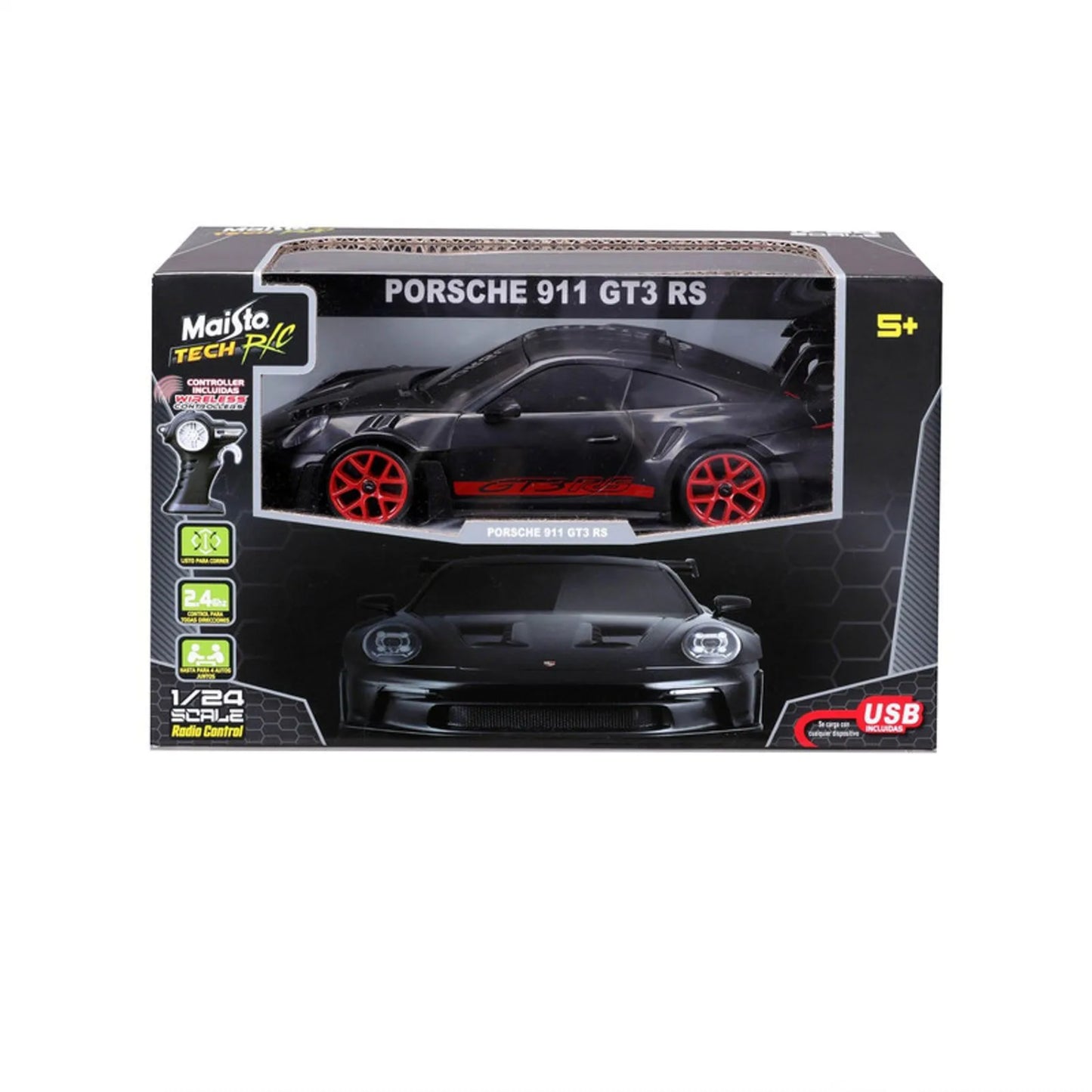 Carro Porsche 911 GT3 RS maisto, modelo a control remoto, caja frontal