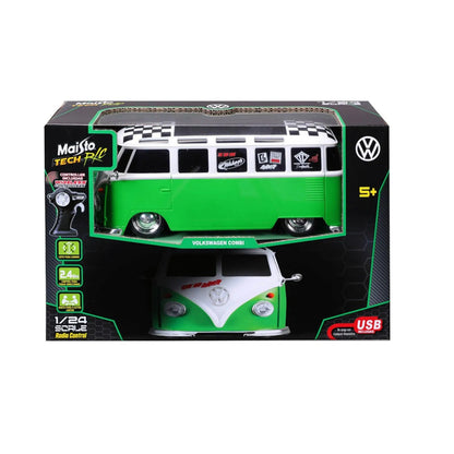 Carro Volkswagen verde, vista frontal, juguete de control remoto.