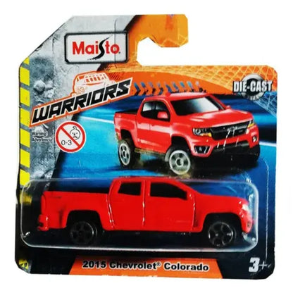 Carro Maisto rojo, modelo Chevrolet Colorado, vista frontal en empaque