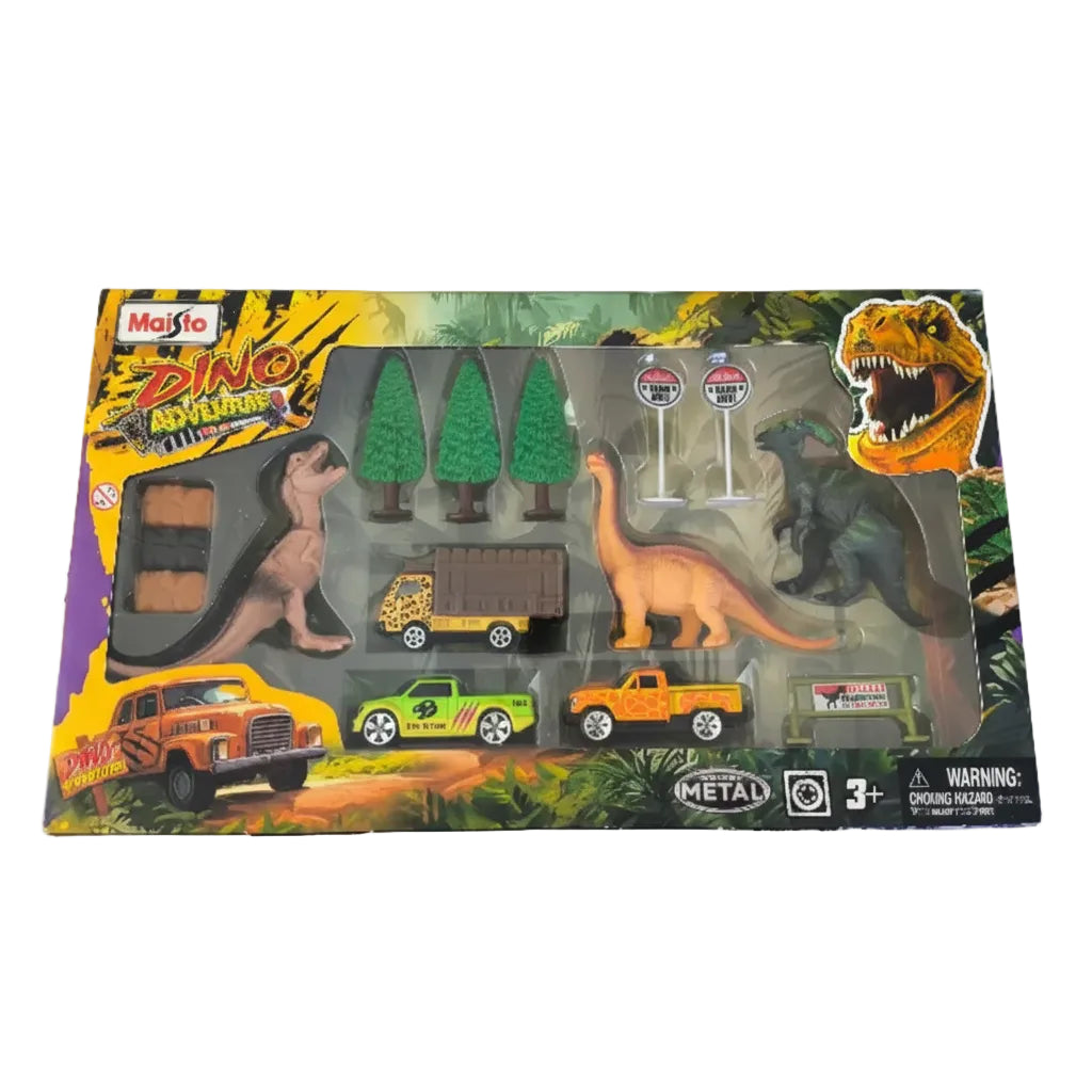 Juego de dinosaurios MAISTO con vehículos y árboles, vista frontal, colorido y temático