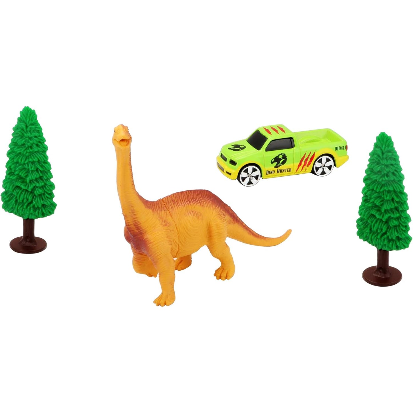 Dino juguete naranja con coche verde y árboles, juego de dinosaurios
