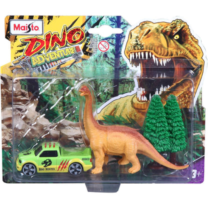 juguete Dino, figura de dinosaurio y coche verde, aventura en la selva
