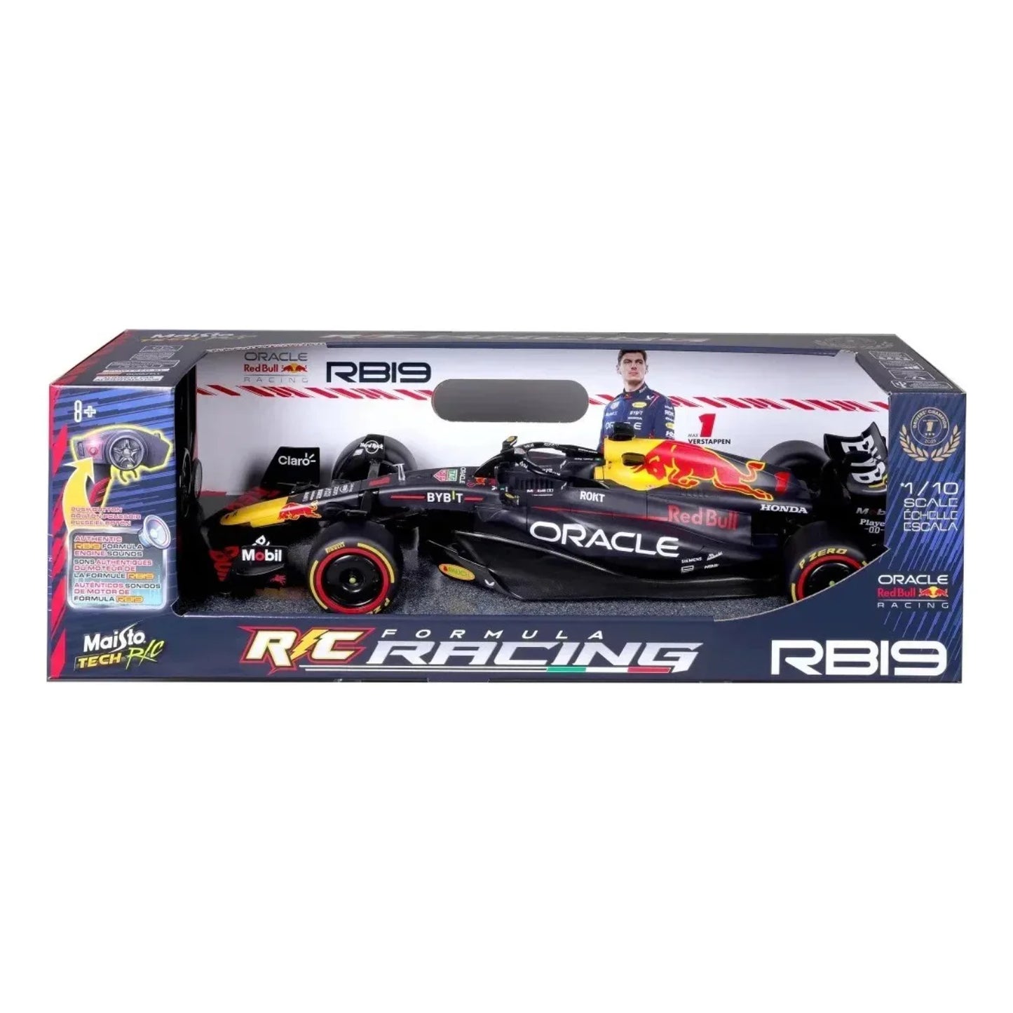 Coche de carreras RC Maisto RB19 Formula 1 en caja, vista lateral, ideal para coleccionistas