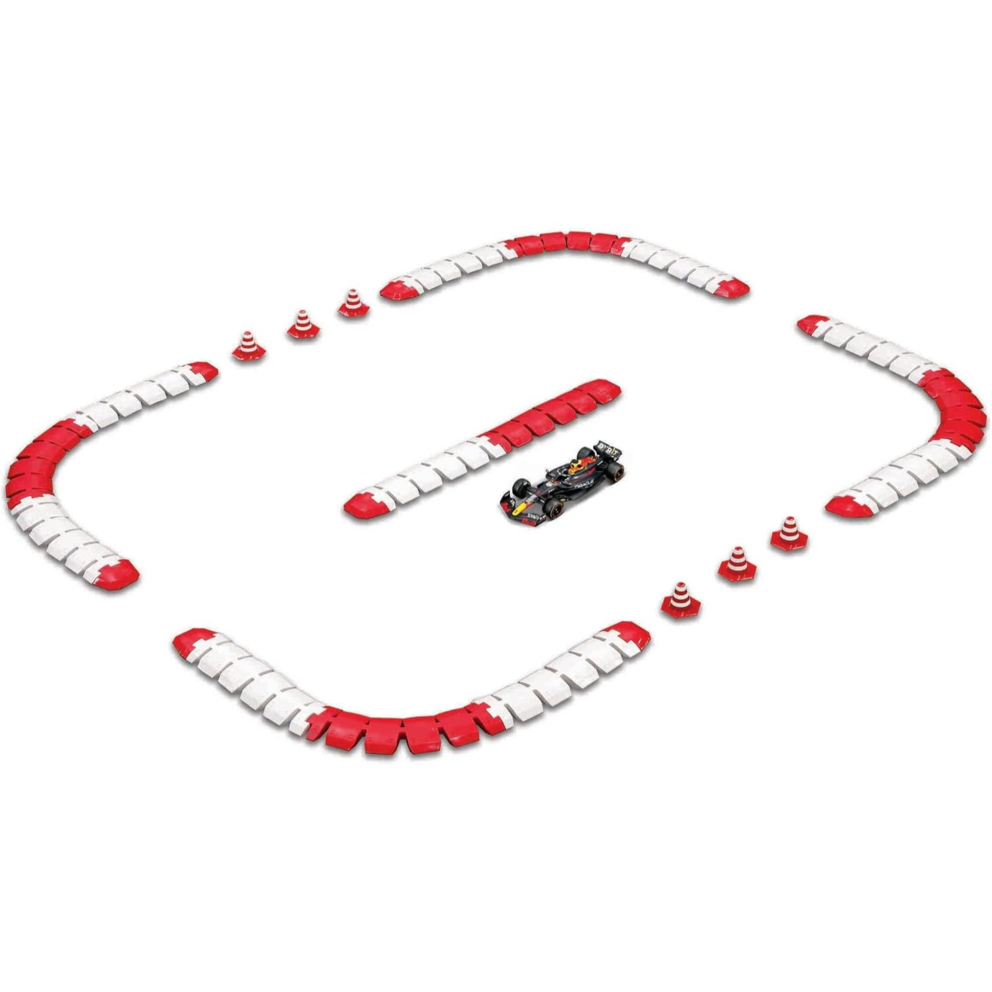 Pista de carreras modelo Formula con coche negro, vista frontal y señalización