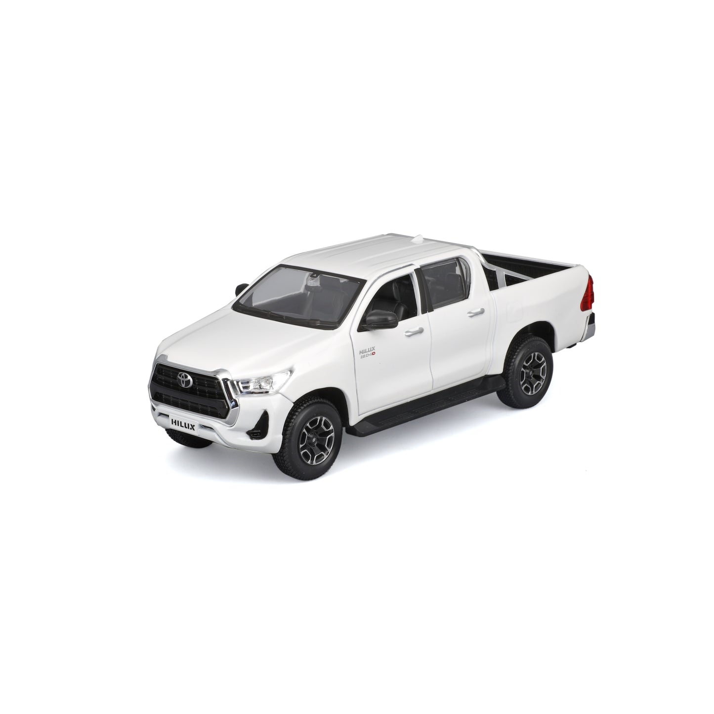 Modelo de camioneta Hilux blanca, vista lateral, juguete para colección