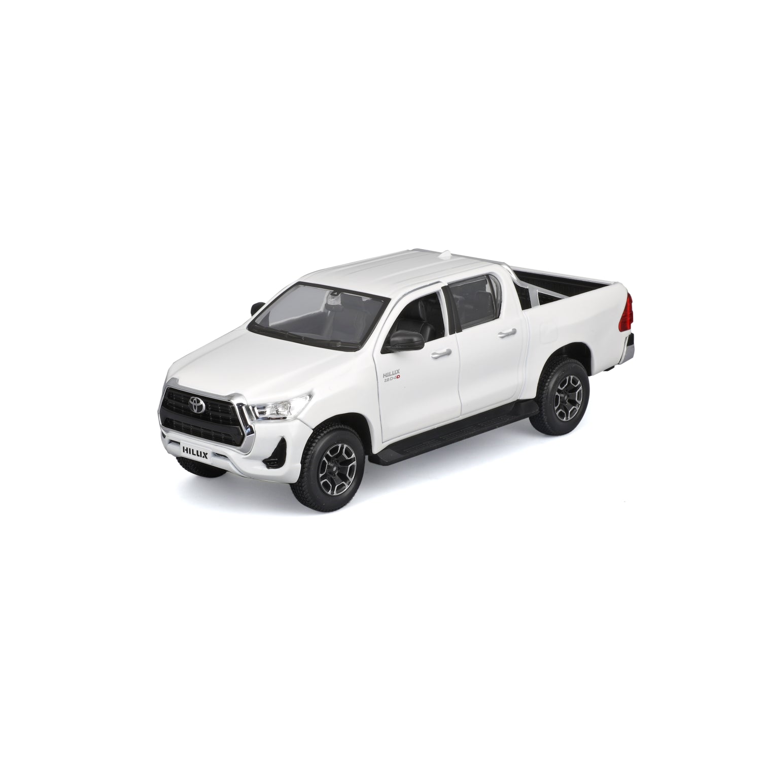 Modelo de camioneta Hilux blanca, vista lateral, juguete para colección