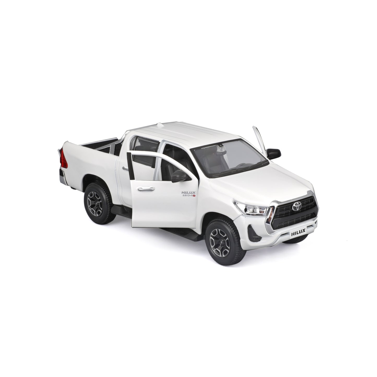 Maisto Hilux blanco modelo a escala con puertas abiertas y detalles realistas