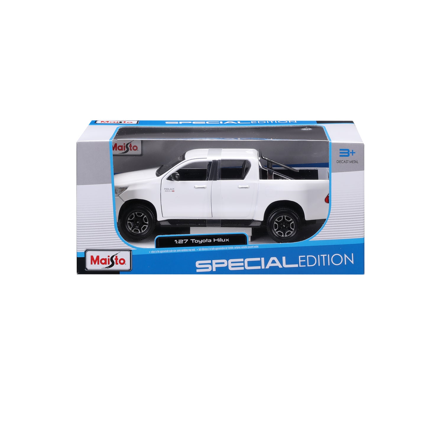 Maisto Hilux blanca, modelo a escala, vista frontal en caja de edición especial