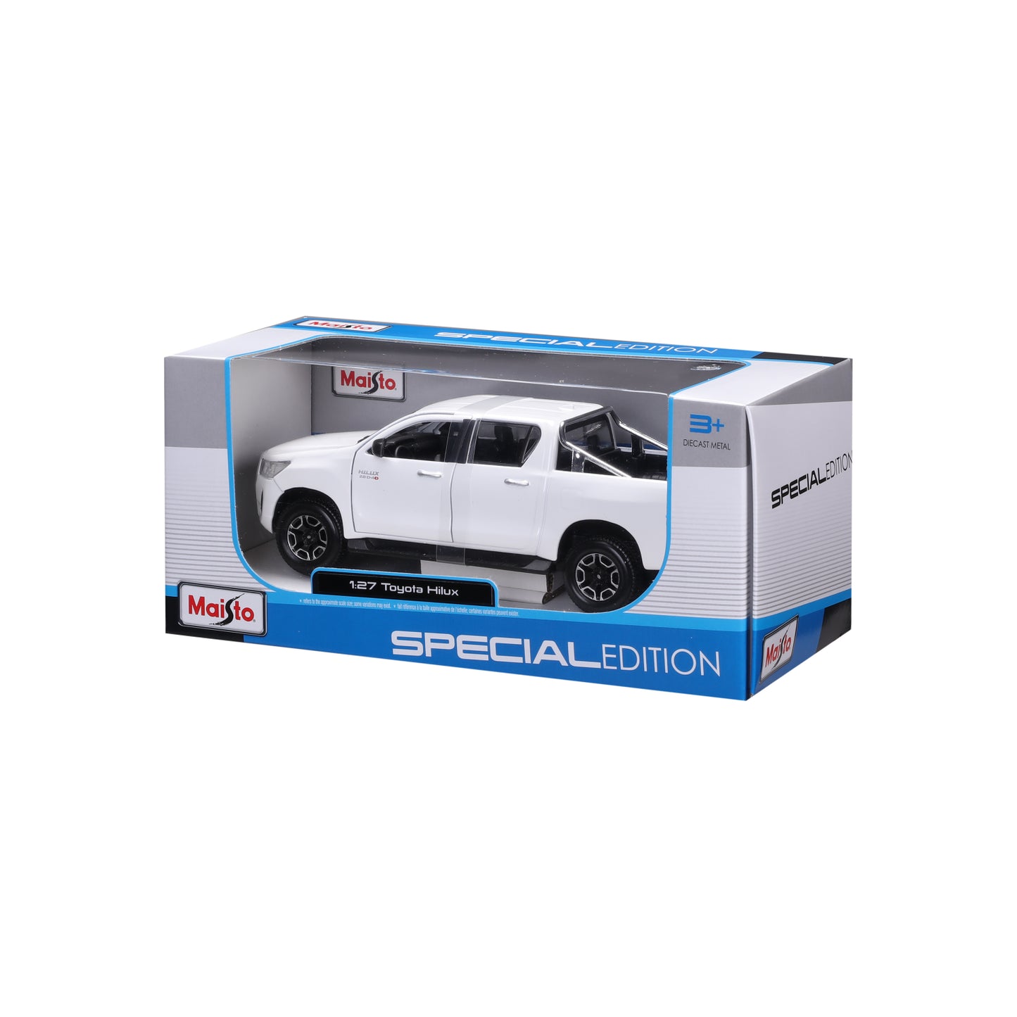 Maisto Hilux en miniatura blanca, vista frontal en caja de colección
