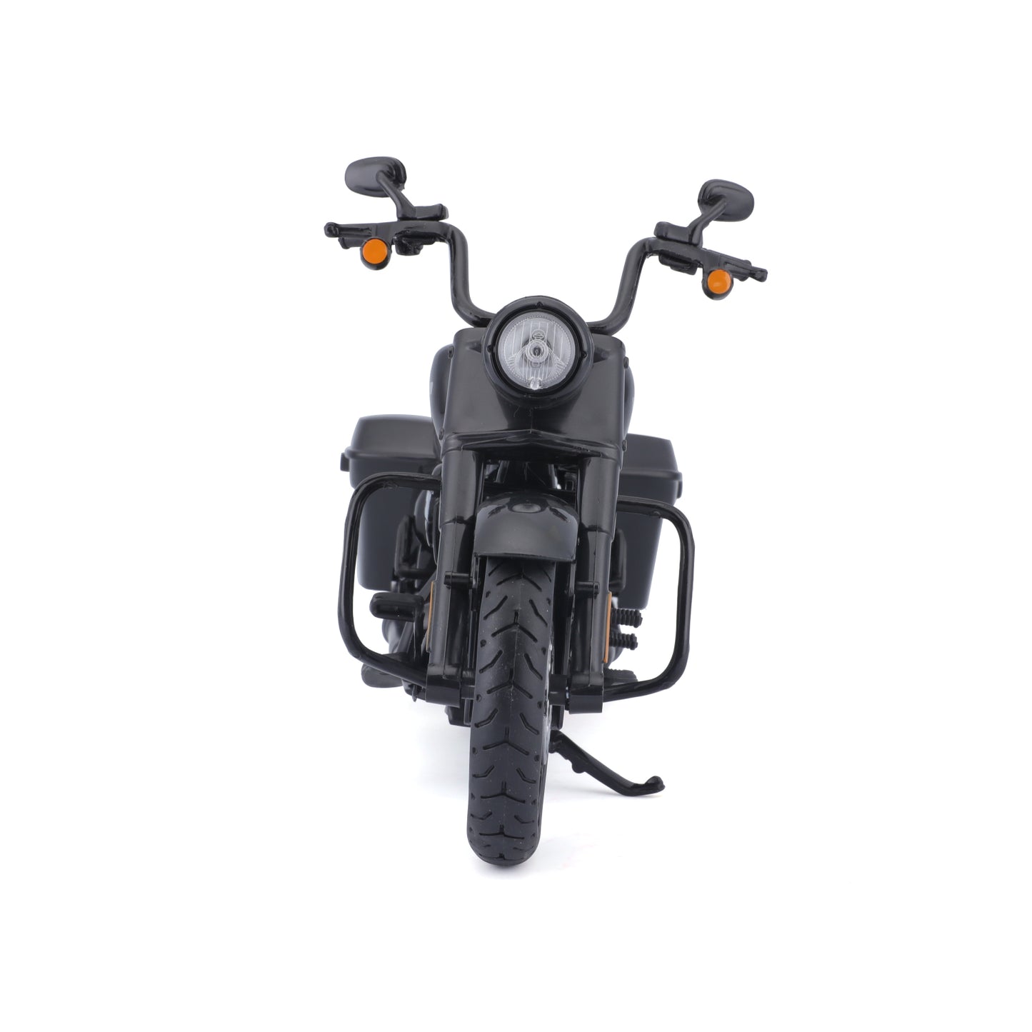 Moto negra Maisto vista frontal, detalles realistas y diseño auténtico