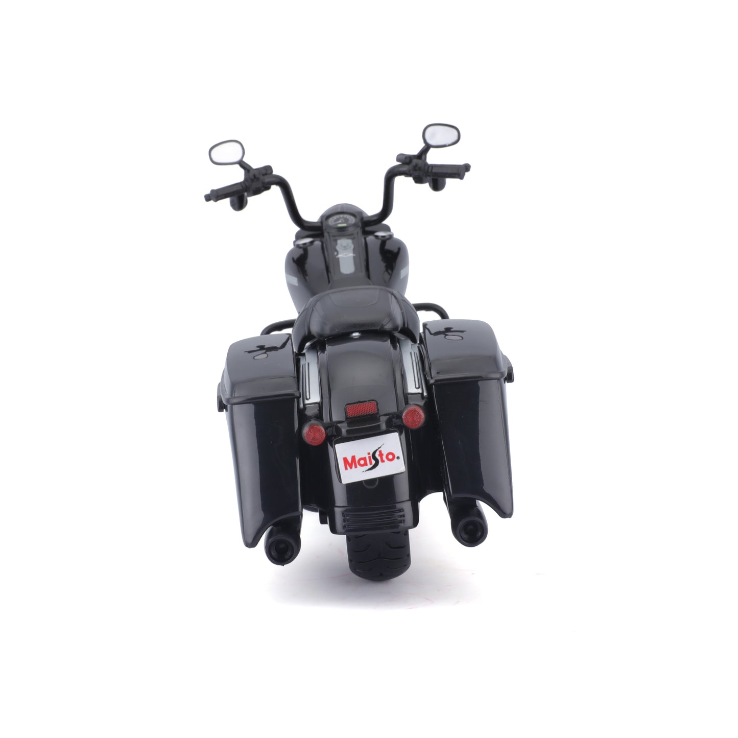 Moto Maisto negra vista trasera, modelo detallado con espejos reflejantes