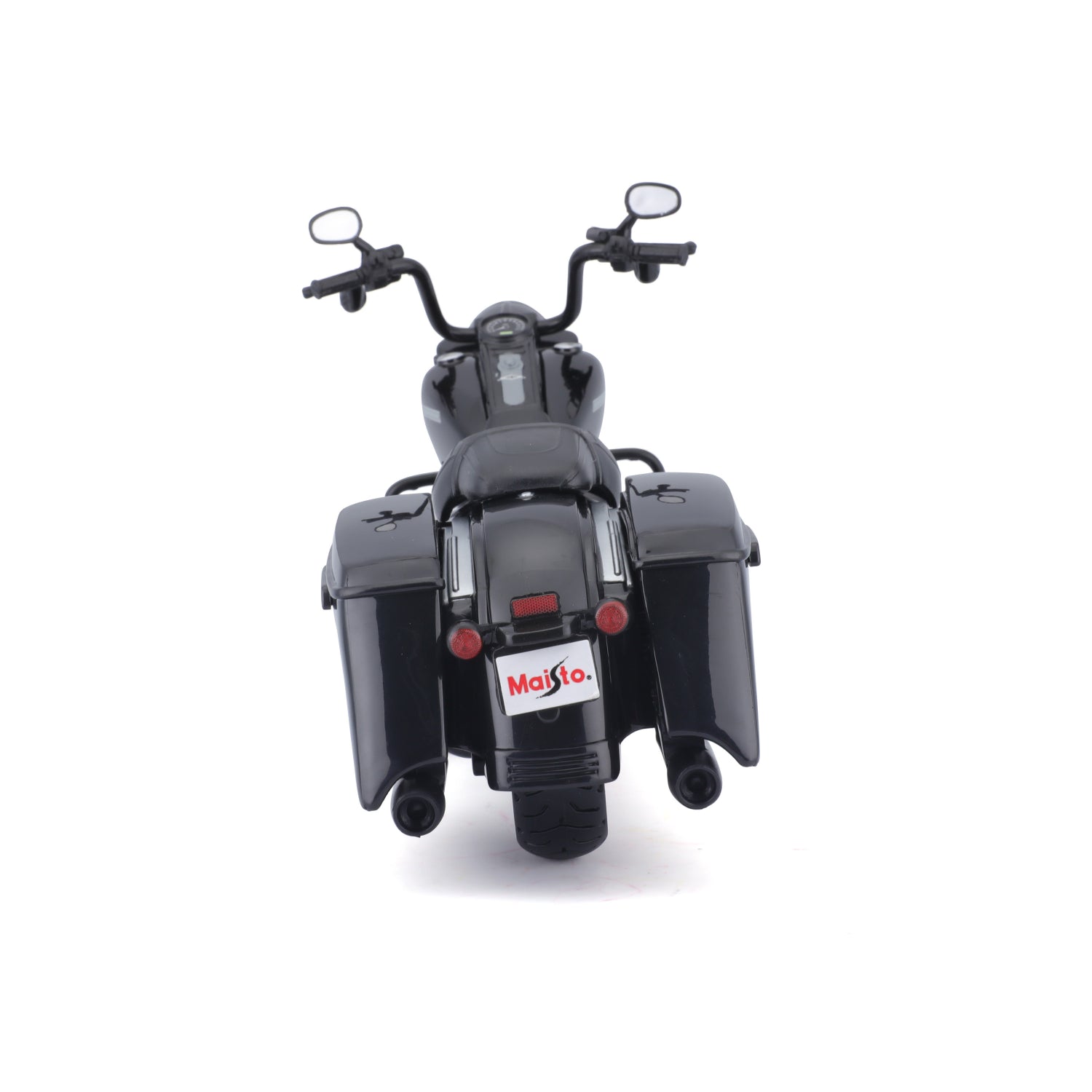 Moto Maisto negra vista trasera, modelo detallado con espejos reflejantes
