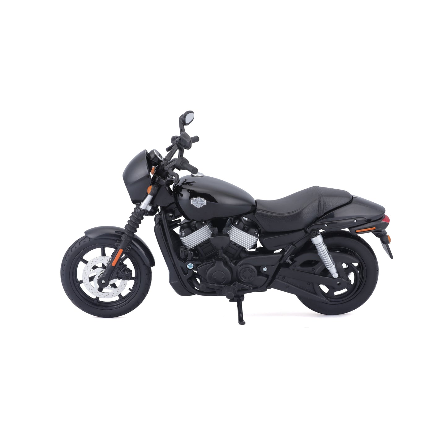 Moto MAISTO negra de tamaño reducido, vista lateral, modelo detallado.