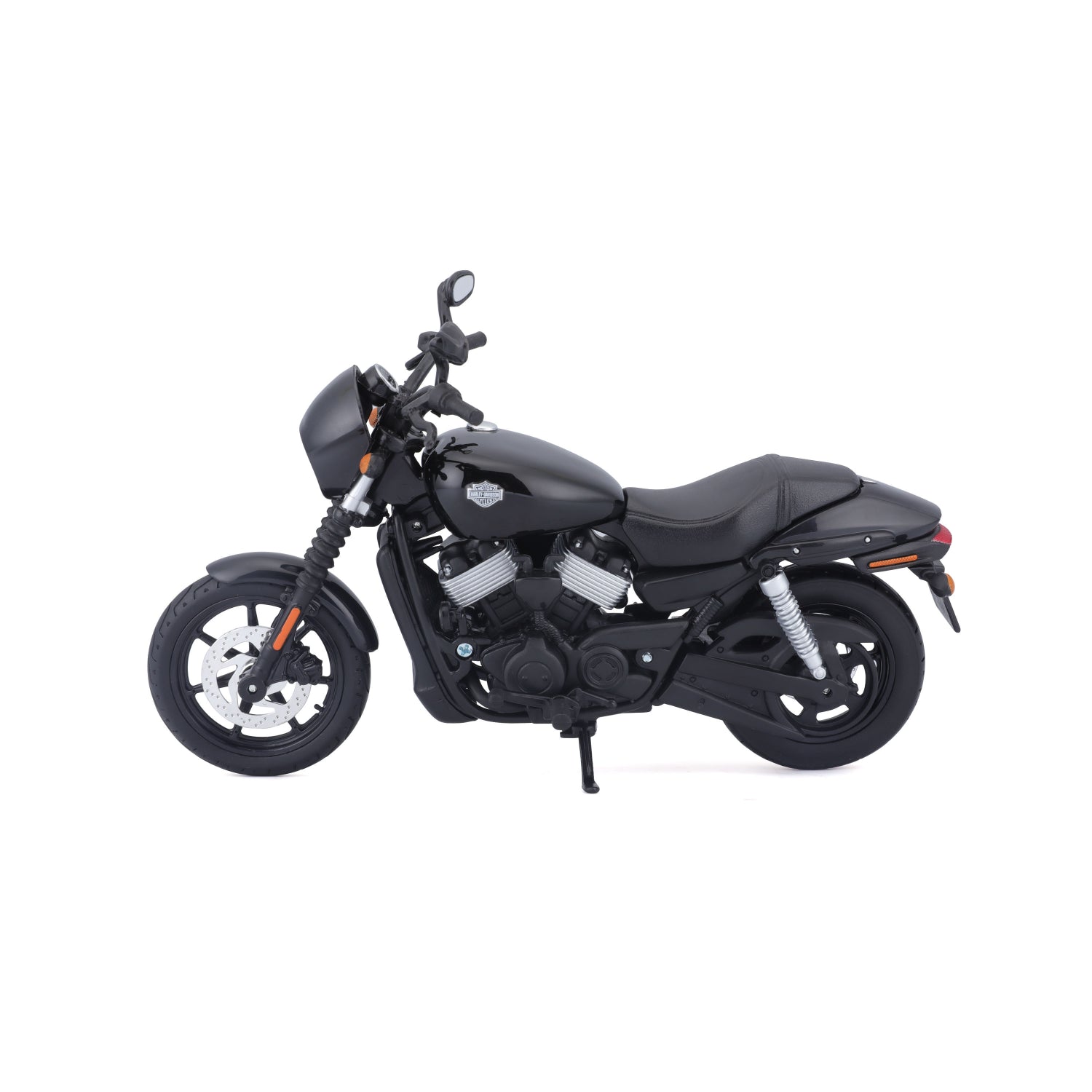 Moto MAISTO negra de tamaño reducido, vista lateral, modelo detallado.
