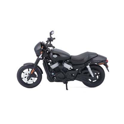 Moto MAISTO negra de tamaño reducido, vista lateral, modelo detallado.