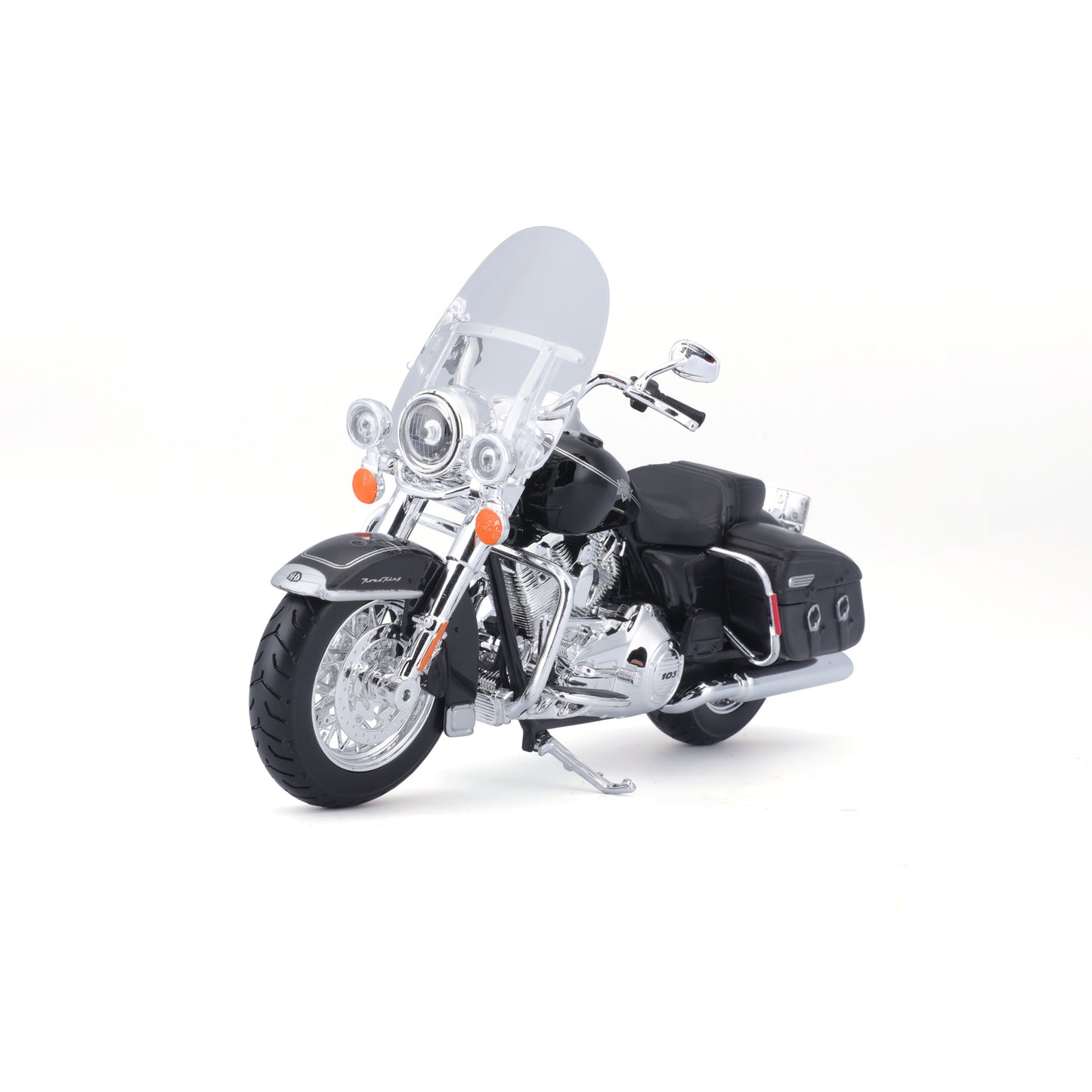 Moto negra Maisto con detalles cromados y pantalla delantera