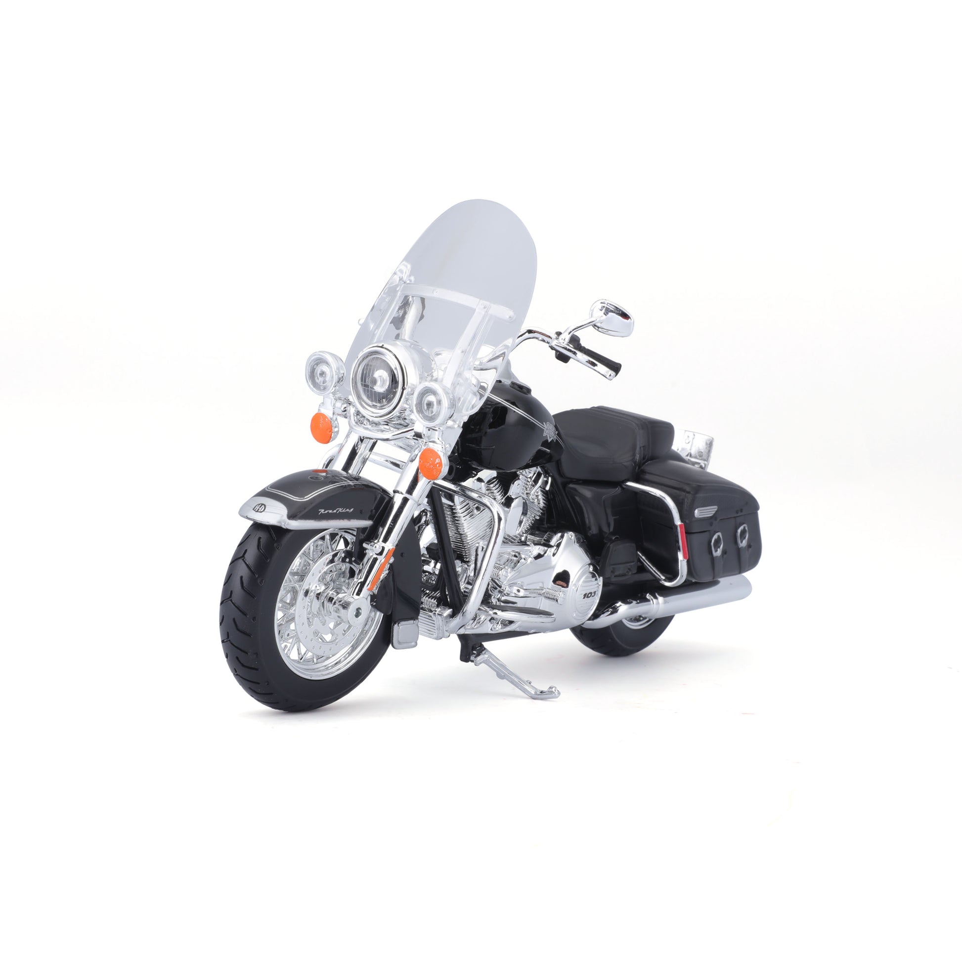 Moto negra Maisto con detalles cromados y pantalla delantera