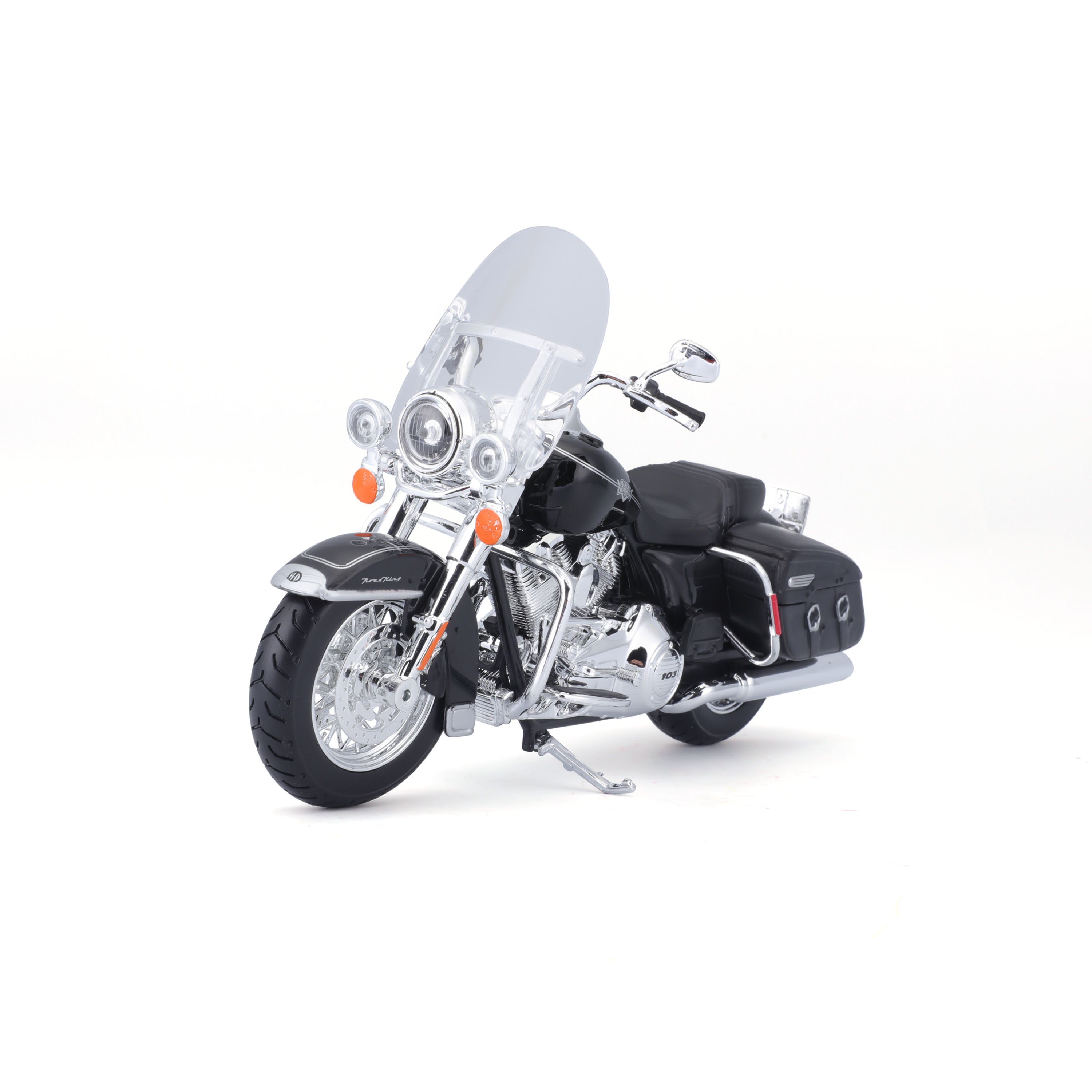 Moto negra Maisto con detalles cromados y pantalla delantera