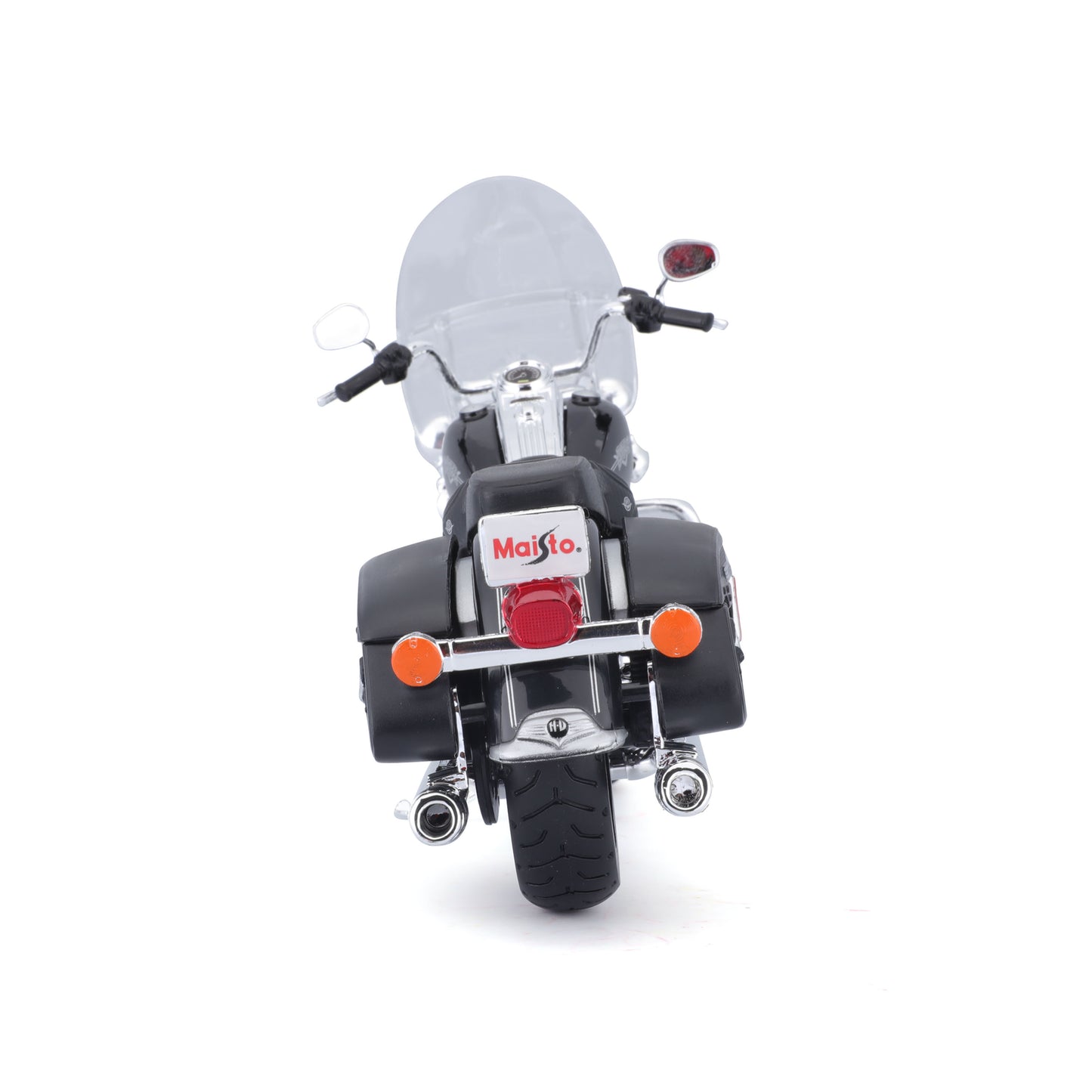 Moto Maisto negra vista trasera con detalles cromados y faros