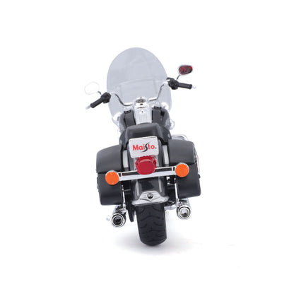 Moto Maisto negra vista trasera con detalles cromados y faros