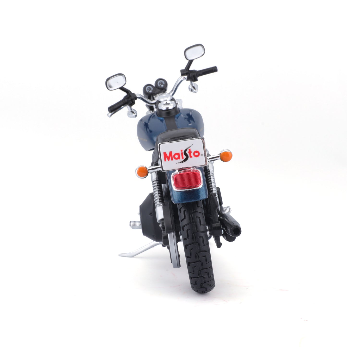 Motocicleta Maisto color azul vista trasera, modelo detallado