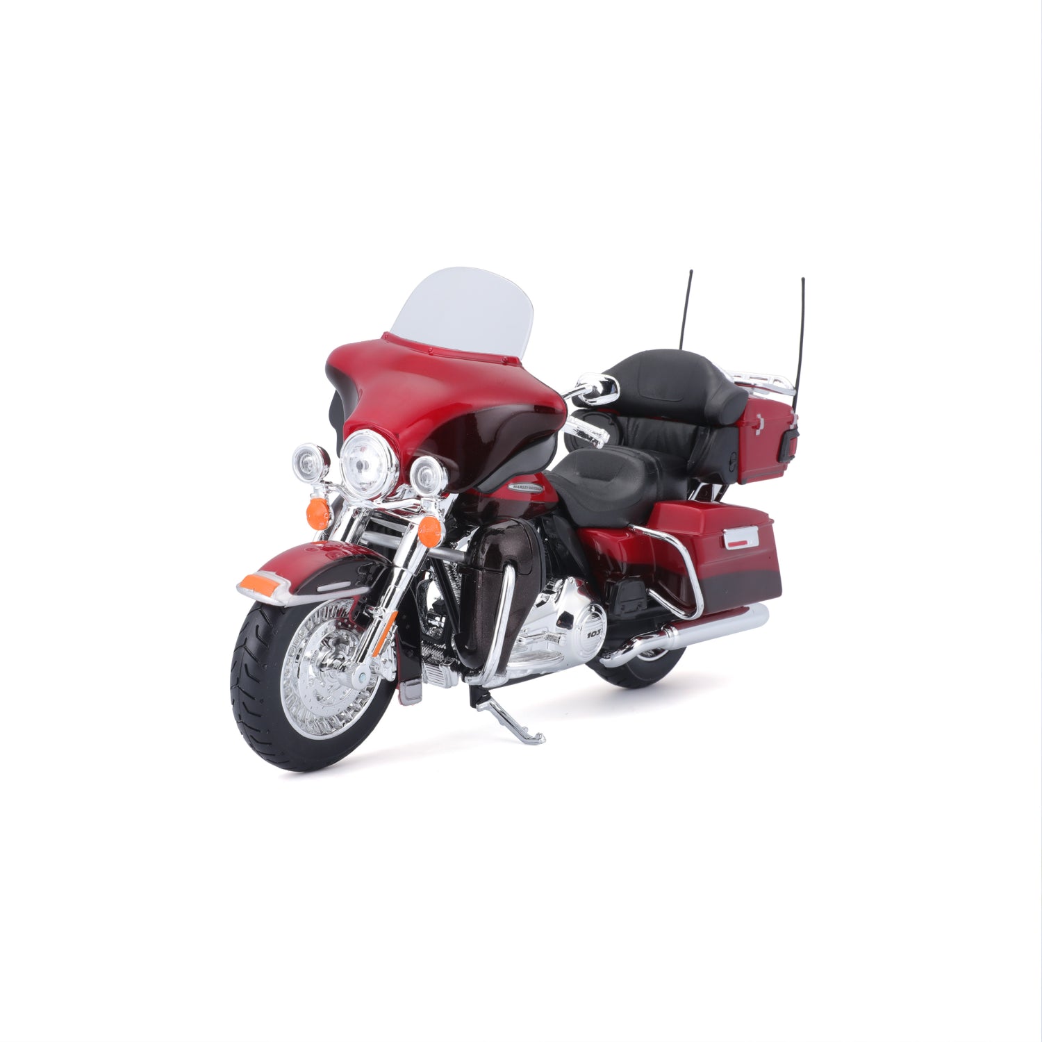 Motocicleta roja de MAISTO vista lateral, con detalles en negro y asientos cómodos