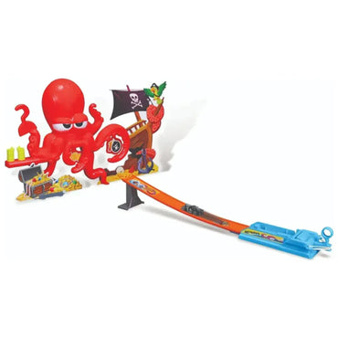 Pista de carreras con pulpo rojo y barco pirata, juguete infantil colorido