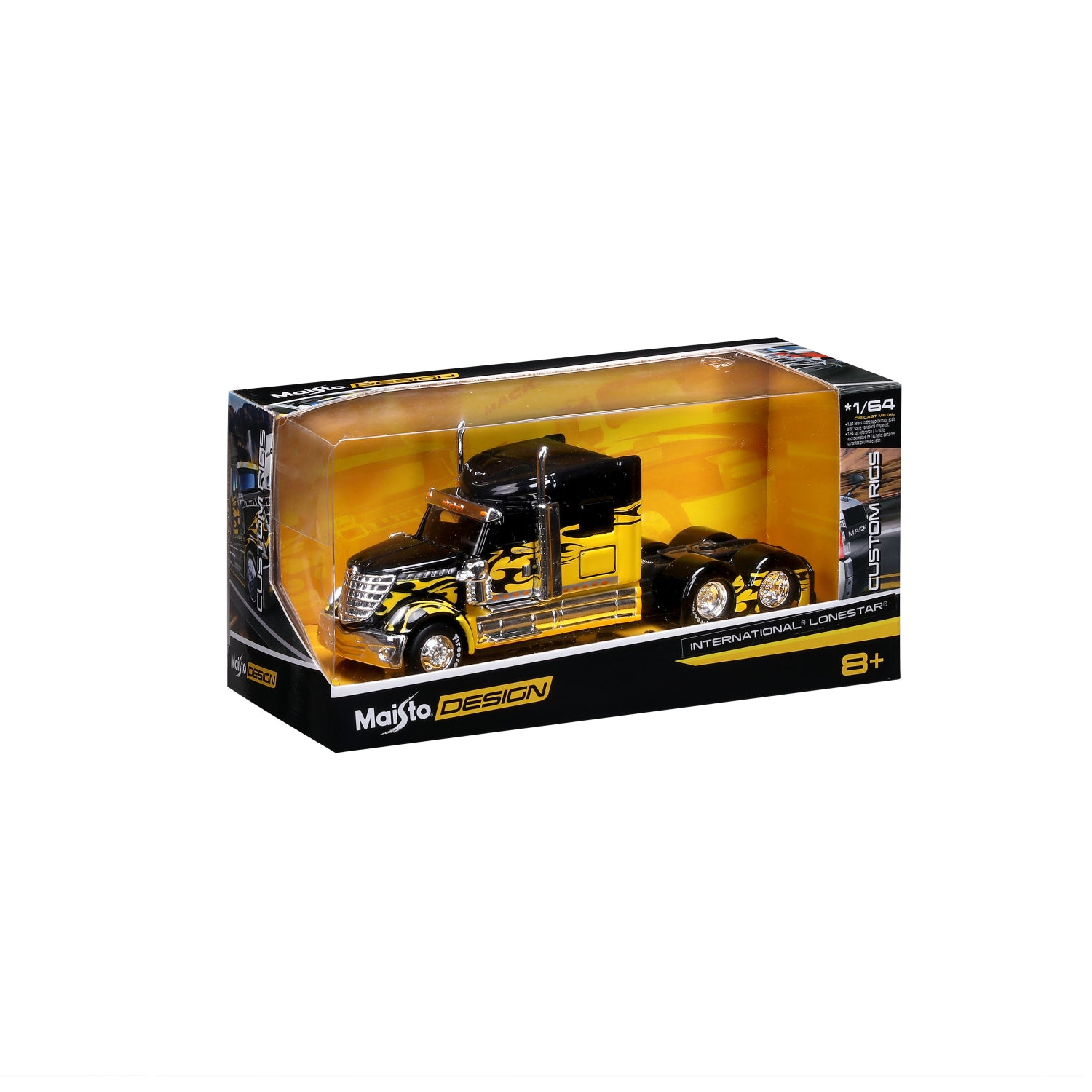 Camión Maisto amarillo y negro con remolque, vista frontal en caja